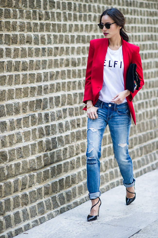 red jacket with jeans